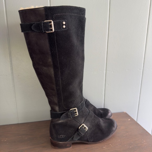 UGG‎ riding boots black suede leather moto tall buckle shearling lined size 7 - Picture 1 of 11